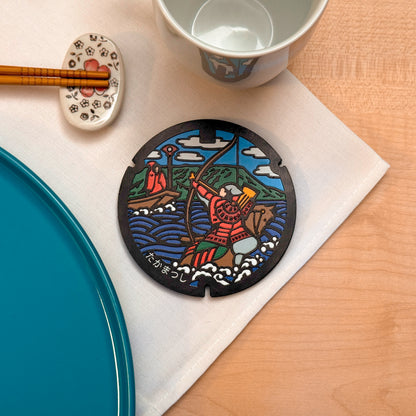Sottobicchiere ROJI collezione Samurai con il design del tombino di Nasu no Yoichi e il ventaglio, Takamatsu