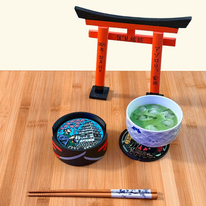 Set sottobicchieri collezione Samurai con porta sottobicchieri in legno ROJI abbinato